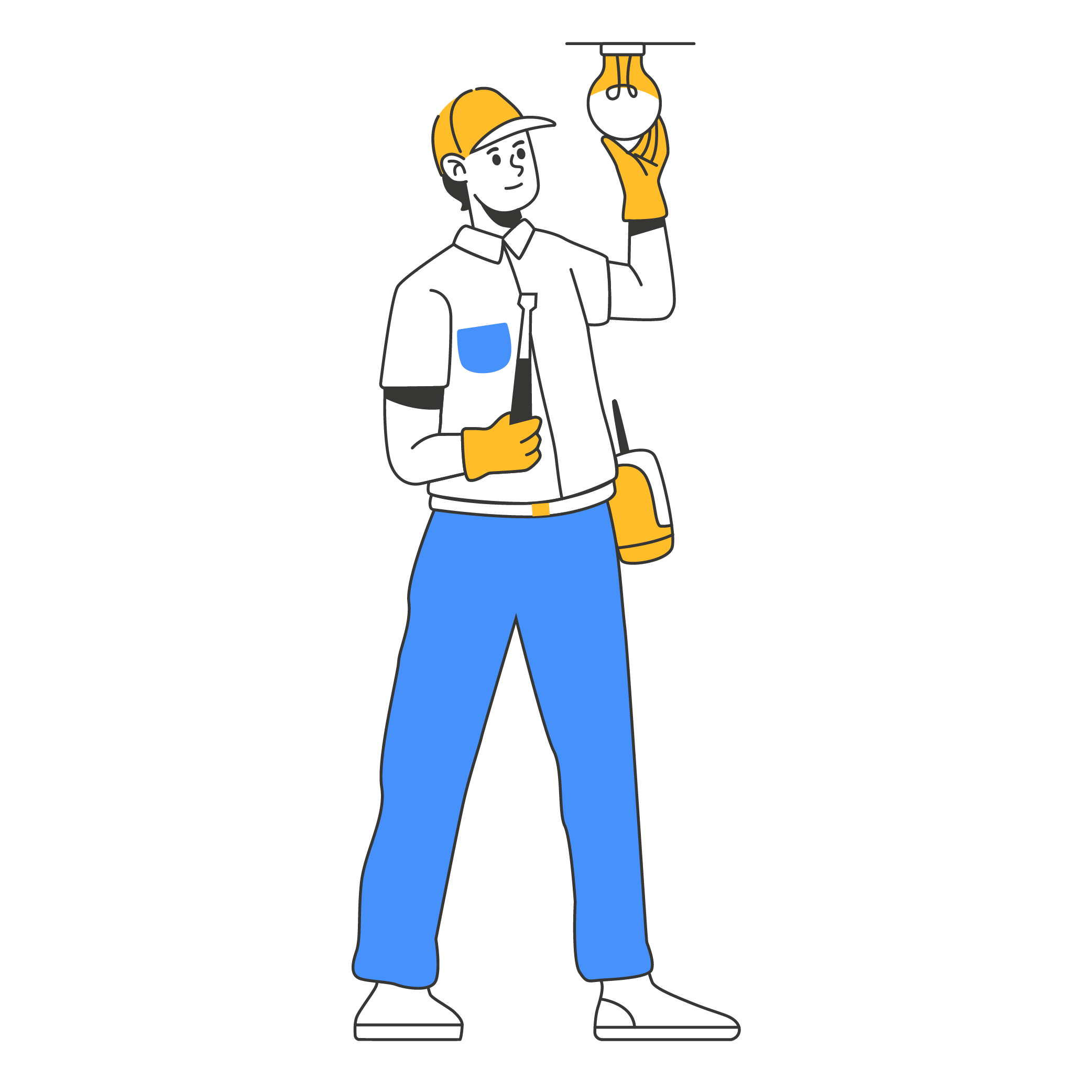 Illustrated electrician changing a light bulb