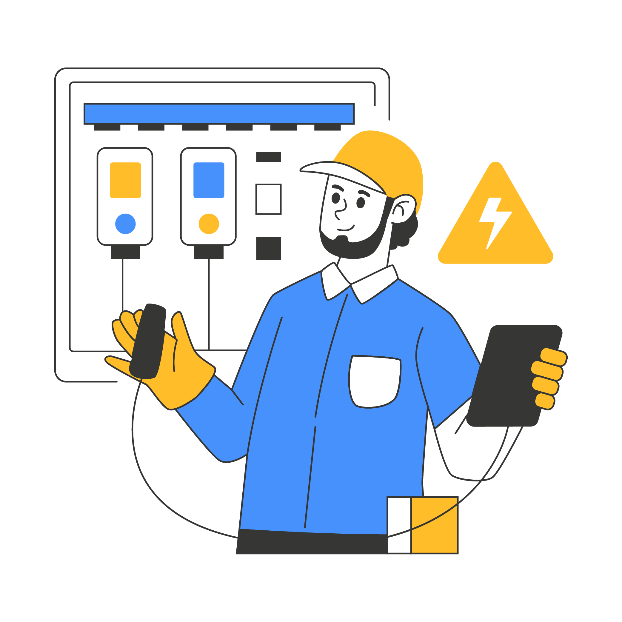 Illustrated electrician with an electrical panel