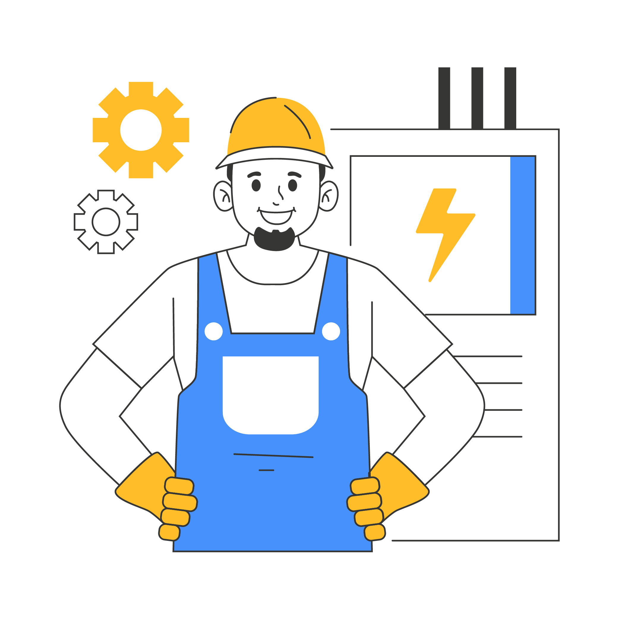 Illustrated electrician standing beside electrical equipment
